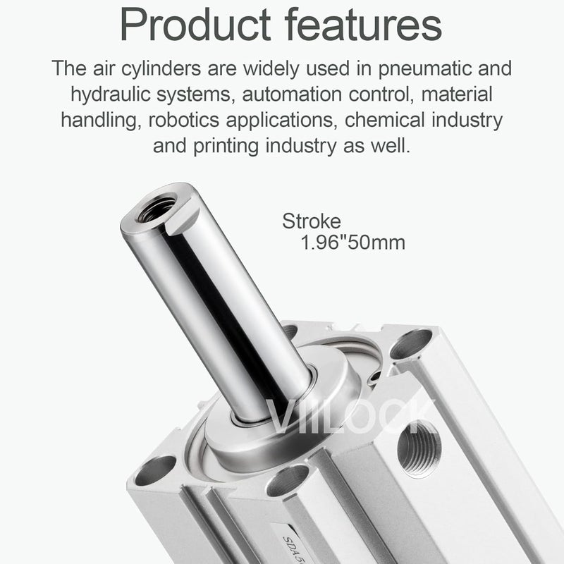 VIILOCK Pneumatic Air Cylinder 50mm Bore 50mm Stroke, Thin Air Cylinder Double Action Hydraulic Cylinders SDA 50 X 50 - Image 3